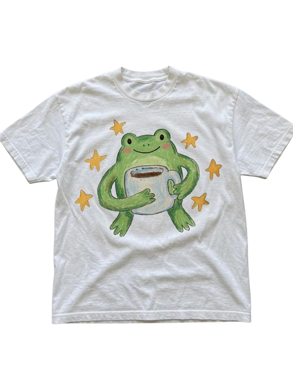 Gildan White Frog Graphic T-Shirt with Green Frog and Yellow Stars